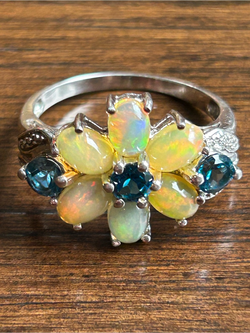 925 Sterling Silver Fire Opal & Blue Gemstone Flower Ring size 9